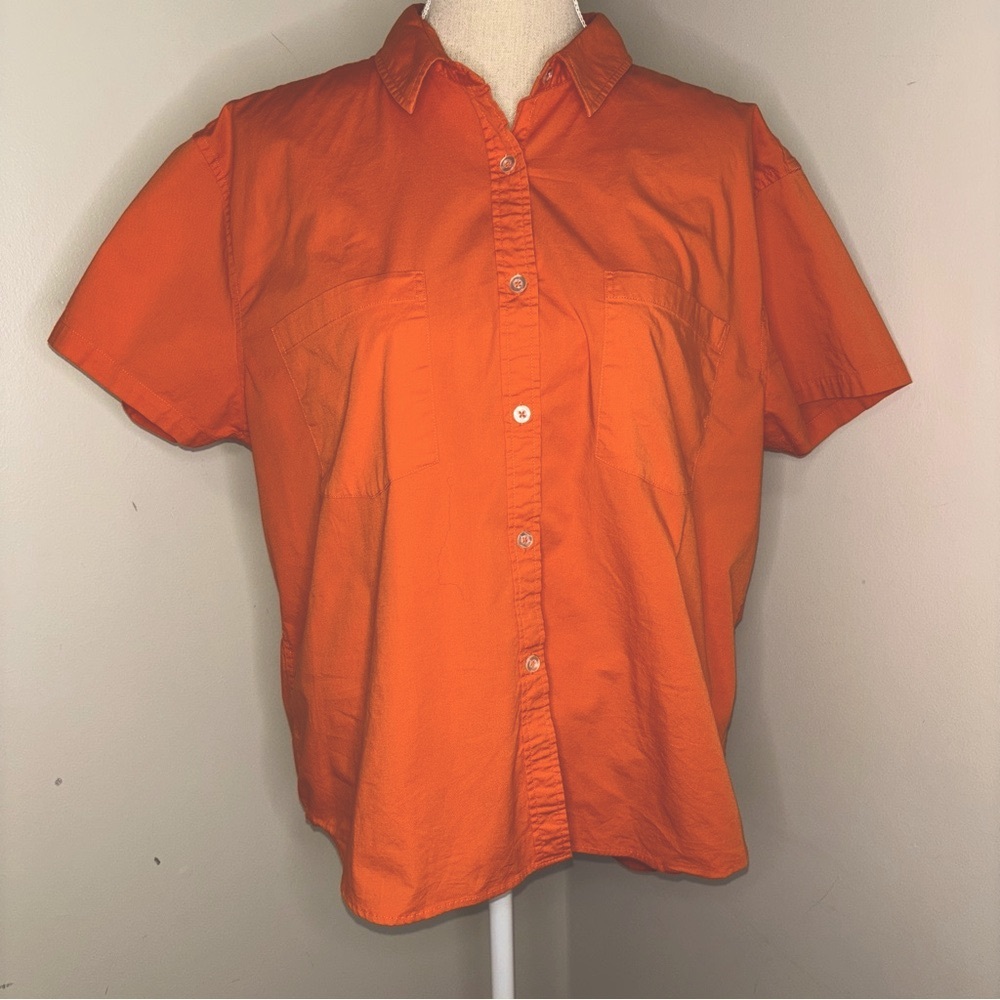 Fresh Produce orange short sleeve button front cotton blend shirt size Large